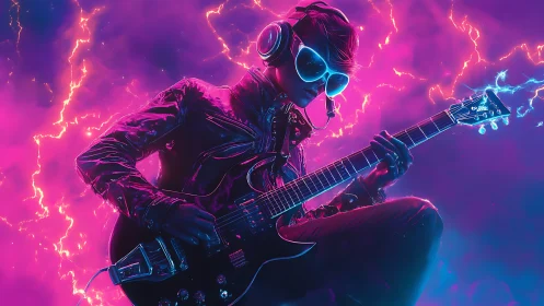 Neon clad guitarist in glowing cyberpunk stormscape.