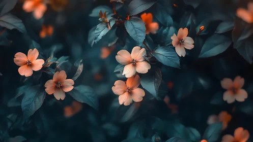 Peachy Flowers with Teal Foliage and Selective Focus