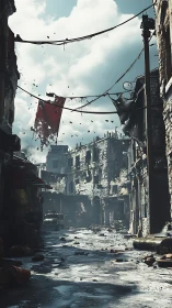 Shattered alleyway kingdom beneath tattered, wind-torn flags.