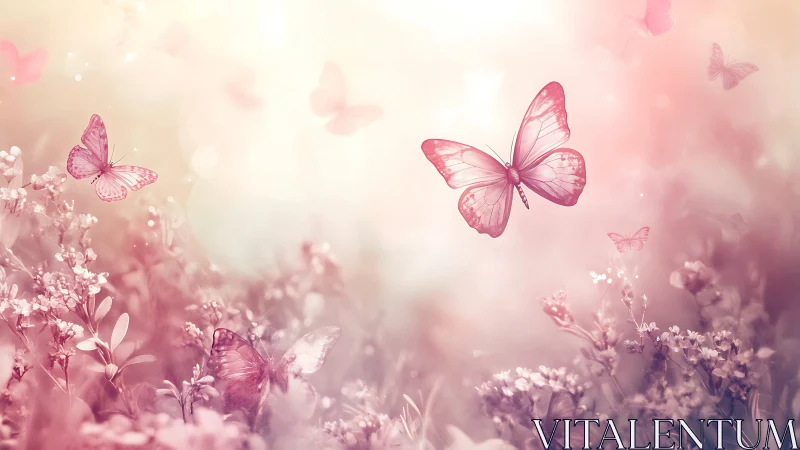 Pastel butterflies drifting over soft spring meadow.