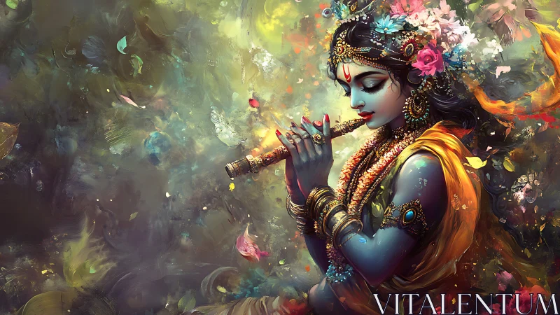Divine blue musician plays flute amid swirling blossoms.