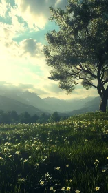 Sunlit meadow and lone tree above distant mountain valley.
