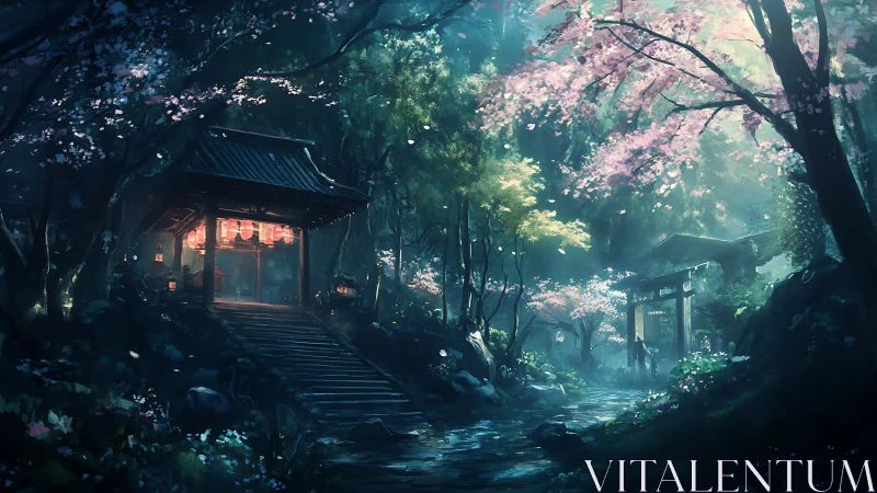 Nocturnal shrine illumination in misted cherry grove corridor.