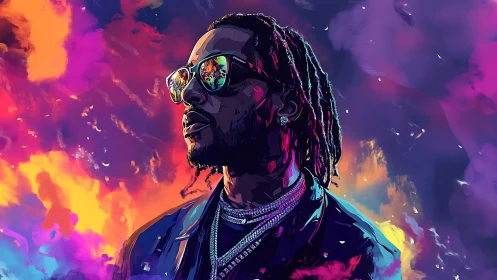 Neon skyline dreams with a reflective urban storyteller.