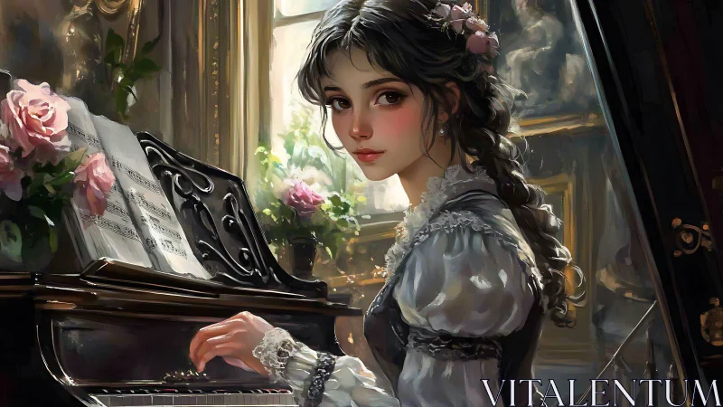 Young woman at piano in ornate interior with sheet music.