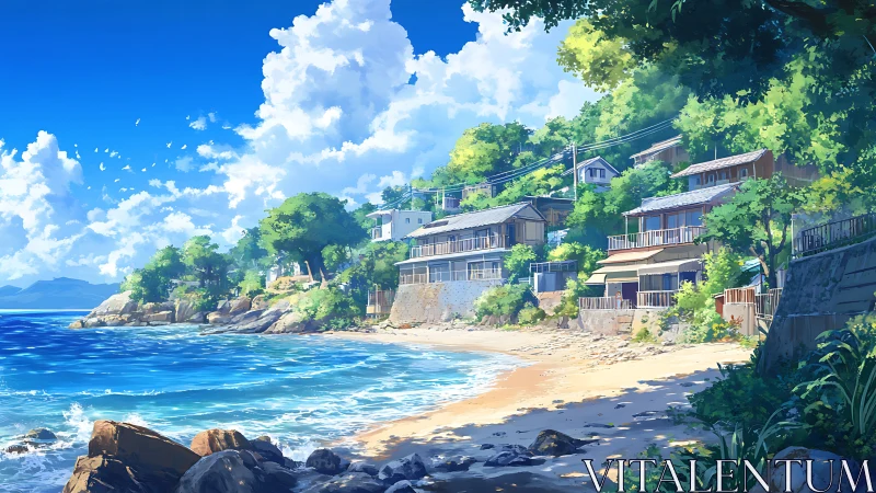 Coastal village houses line a sandy beach under dense clouds