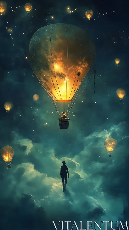 Silhouetted figure under illuminated hot air balloons at night.