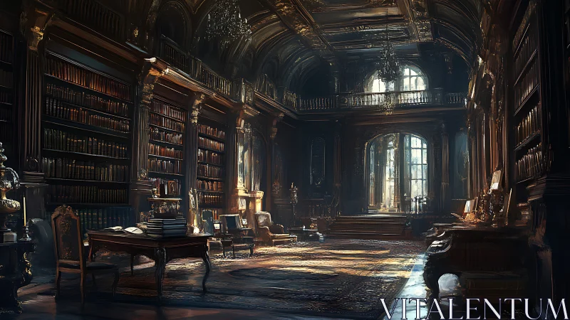 Grand baroque library interior with golden morning light