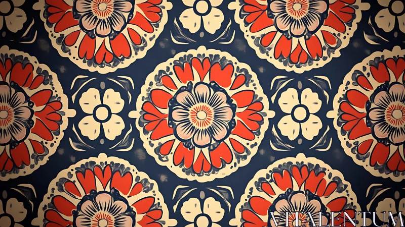 Retro mandala blossoms orbiting on deep midnight navy wallpaper.