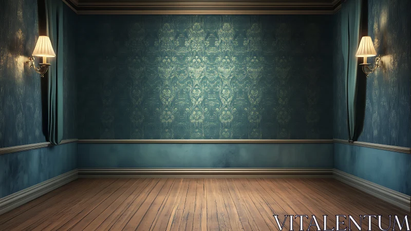 Empty teal room displays patterned wallpaper and wooden floor