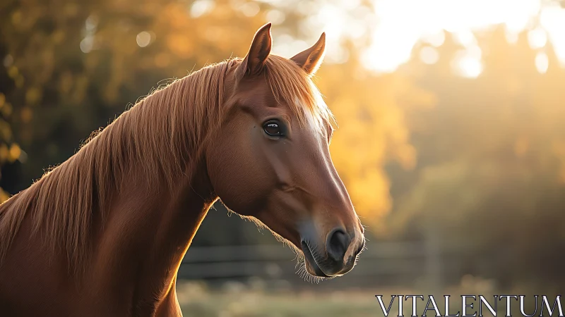 Photorealistic chestnut horse portrait in golden backlight.