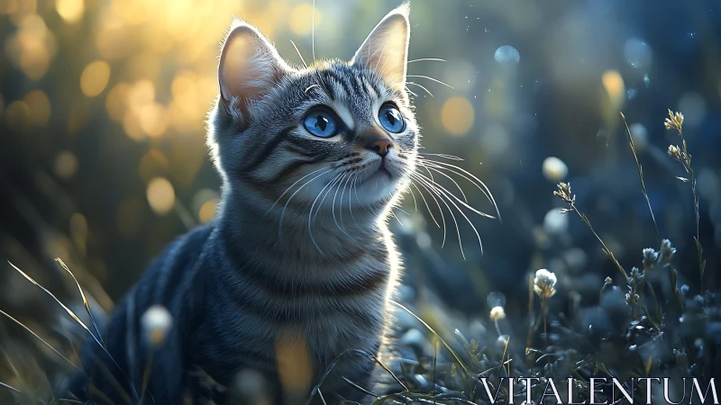Blue-Eyed Tabby Kitten Among Wildflowers in Golden Light.