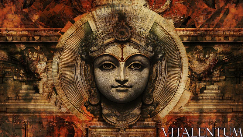 Ornate divine mask with concentric halo over layered temple relief