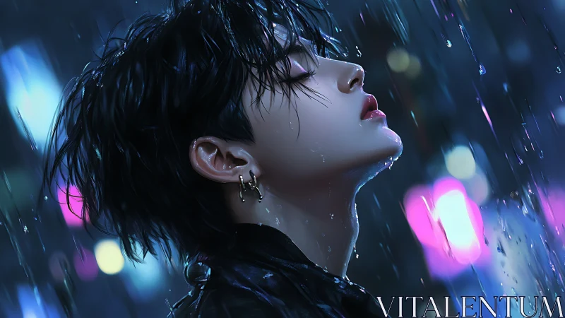 Androgynous youth in neon rain rendered with cinematic realism