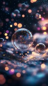 Glowing bokeh orbs and floating spheres in deep blue space.