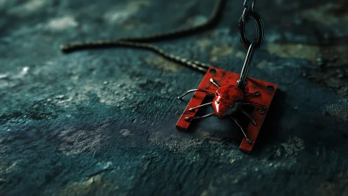 Rust red cyber bug tag on weathered teal metal ground.