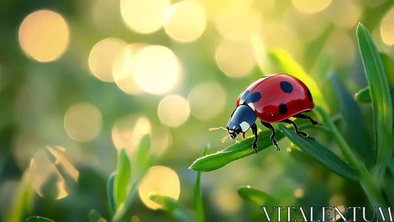 Macro study of red ladybug on backlit foliage with bokeh glow.
