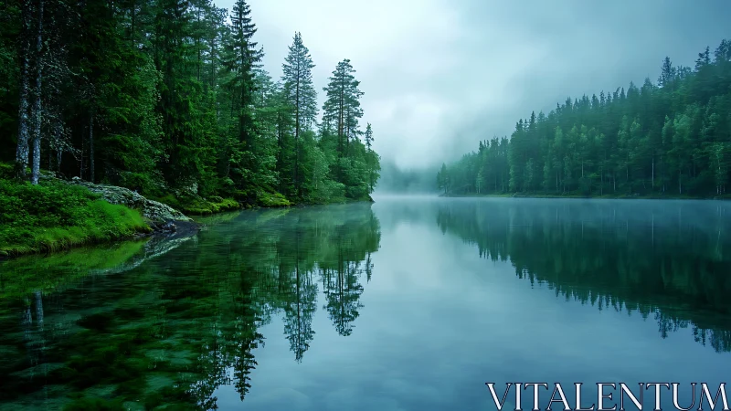 Peaceful forest lake wrapped in soft morning mist.