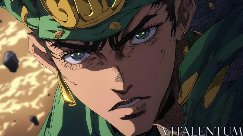 Intense green-clad anime warrior stares forward in focus