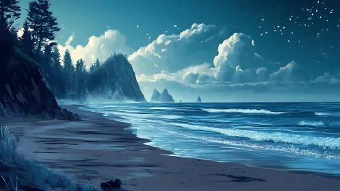 Coastal shoreline with cliffs, forest, clouds, and waves at dusk.