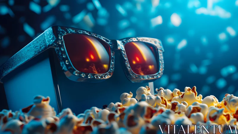 3D Glasses and Popcorn in Cinematic Blue Light, Playful Style.