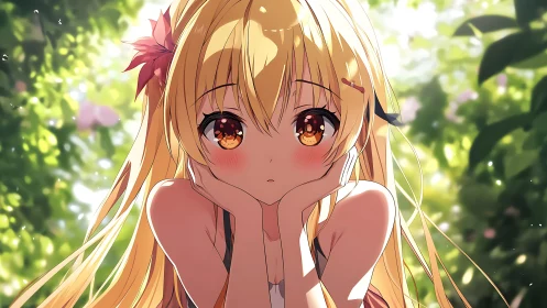 Blonde anime girl resting chin on hands in garden setting.