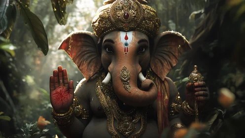 Divine elephant deity in ornate jungle-lit procession.