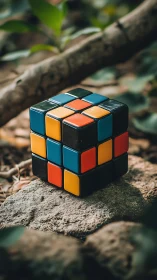 Color puzzle cube on stone in shallow depth outdoor study.