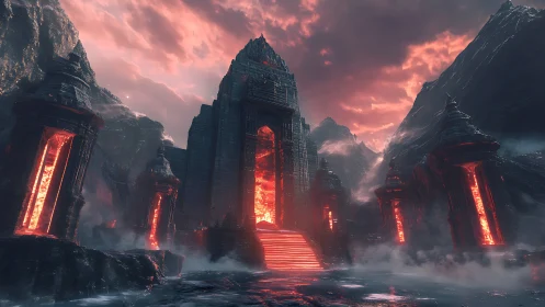 Lava-lit stone temple in a dark volcanic mountain landscape.