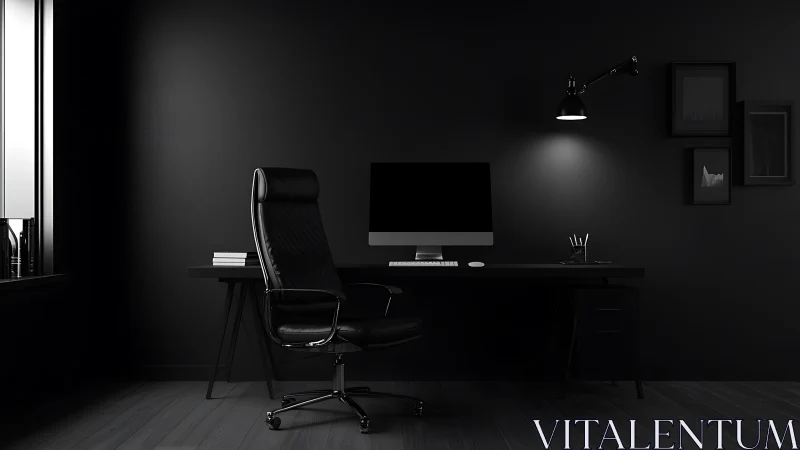 Midnight-black minimalist workspace in cinematic hush.