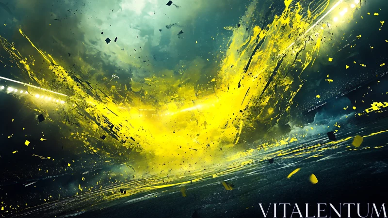 Yellow energy burst across stadium field under dark sky.