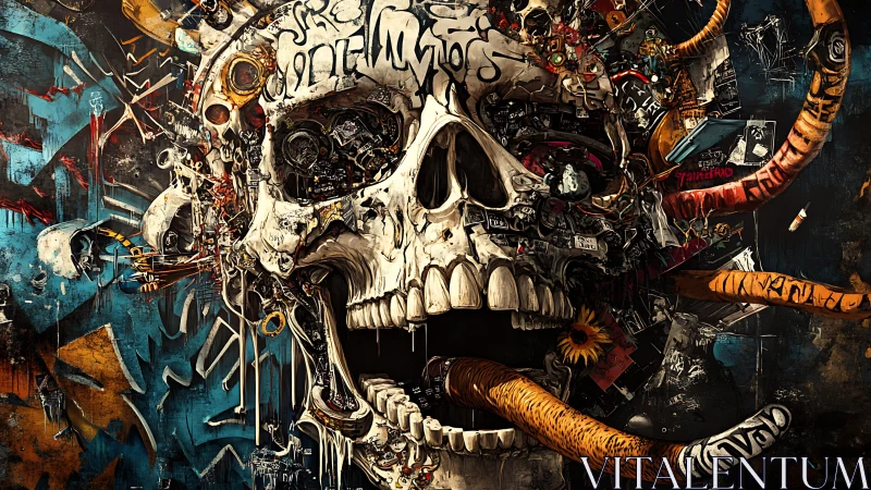 Mechanical skull collage with cables, graffiti and debris.