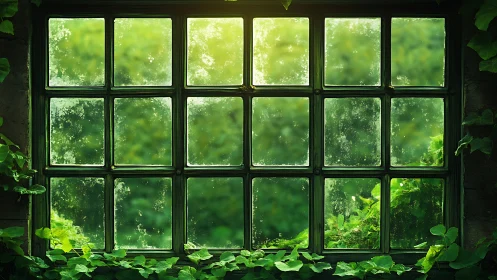 Old green window frames lush summer garden with soft light
