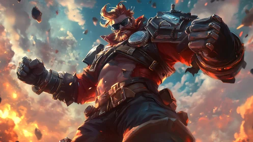 Armored brawler in explosive sky battle stance.