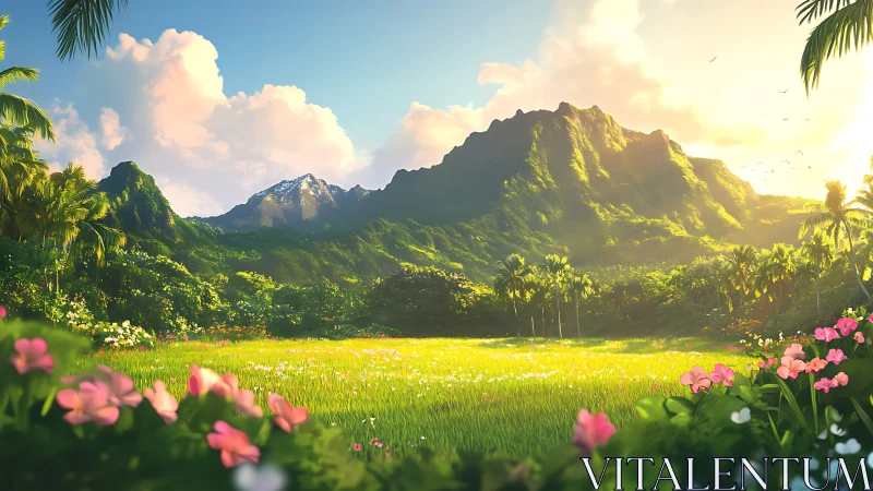 Digital painting of sunlit tropical valley and mountain range.