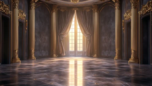 Sunlit baroque hall with gilded columns and marble floor