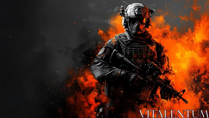 Heavily armed soldier stands in orange fire and smoke.