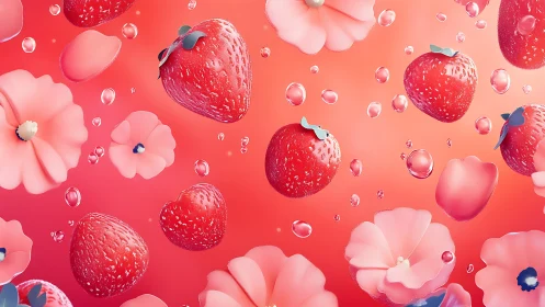 3D strawberry and blossom pattern with floating glass droplets.