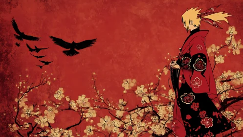 Anime figure in red kimono beside blossoms and birds.