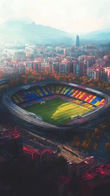 Sunlit football stadium glows at the heart of the cityscape
