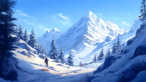 Lone wanderer crossing sunlit snow beneath towering peaks.