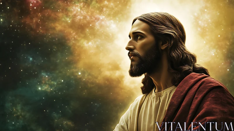 Digital portrait of robed male figure before luminous nebula