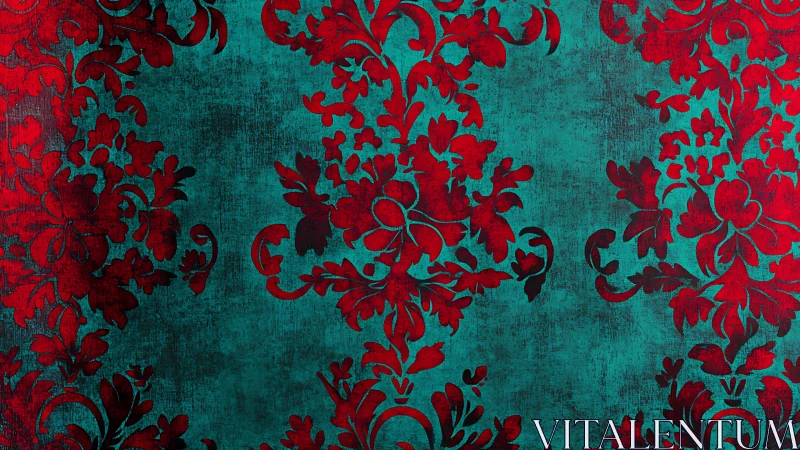 Velvet red damask sprawls across weathered teal twilight.