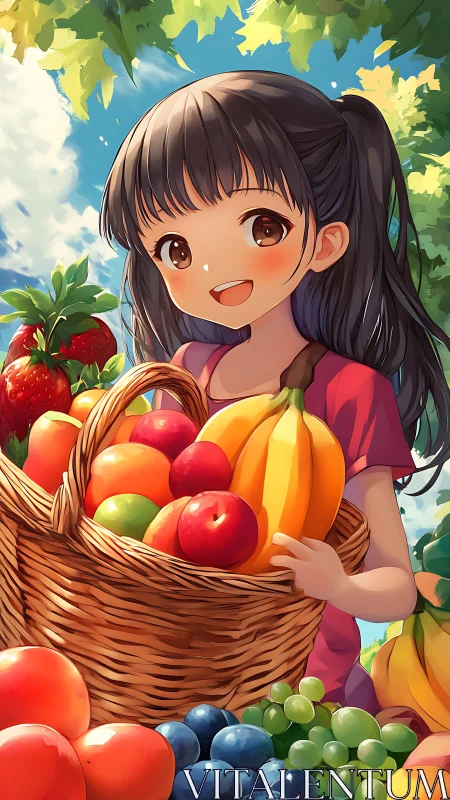 Sunlit anime harvest portrait with high-saturation fruit basket.