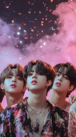 Three stylized young men pose under colorful confetti sky