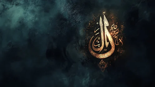 Luminous Arabic calligraphy igniting storm-dark cosmic mist.