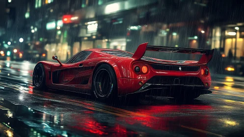 Red supercar blazes through neon city streets in rain-soaked night.