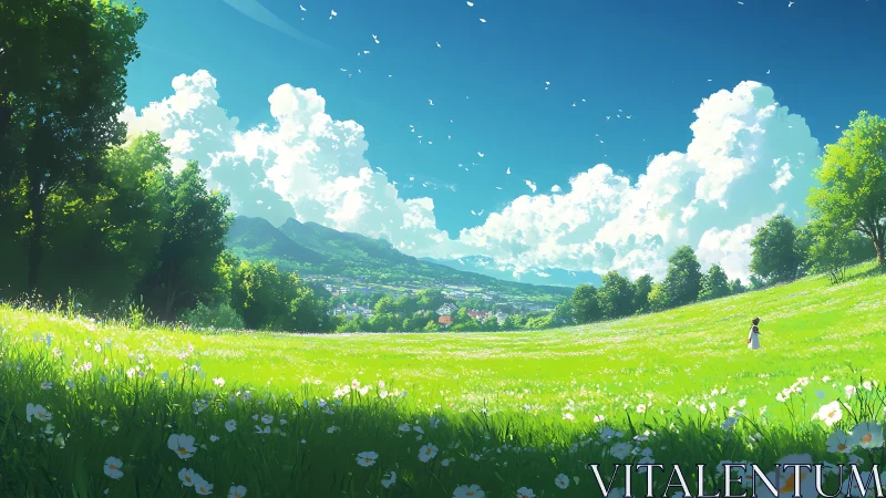 Expansive anime meadow under towering cumulus clouds glows brightly