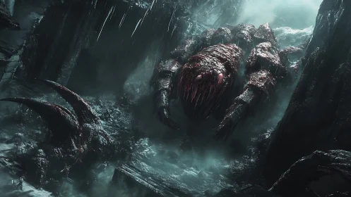 Abyssal crawler rises through icy ruin and storm.