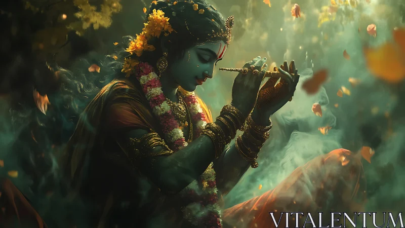 Divine flutist in ethereal glow renders devotional stillness
